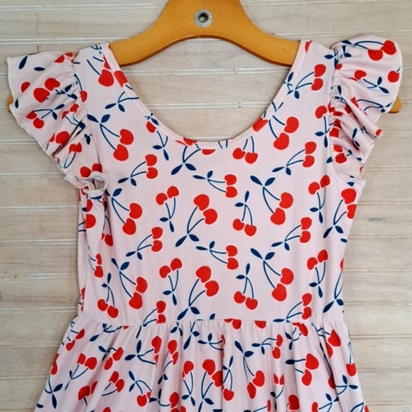 Dot Dot Smile Girly Cherry Print Flutter Sleeve Fit & Flare Flowy Dress Pink - Picture 8 of 9